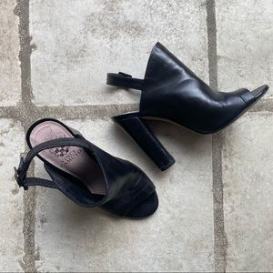 VINCE CAMUTO black leather peep toe bootie sling back heels